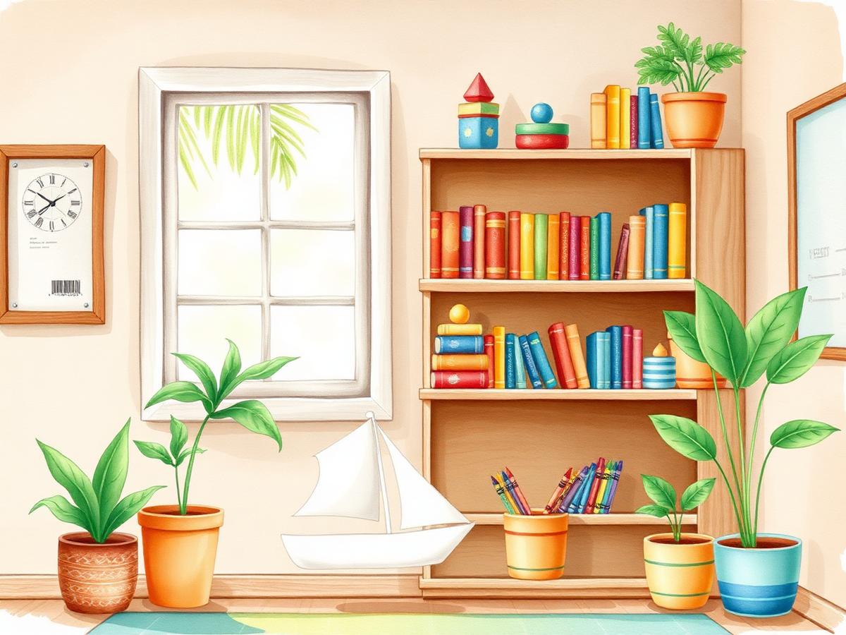 Illustrated preschool classroom corner with books, pencils and plants