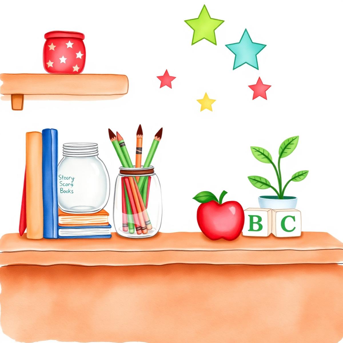 Illustrated preschool shelf with storybooks, pencils, apple and alphabet blocks