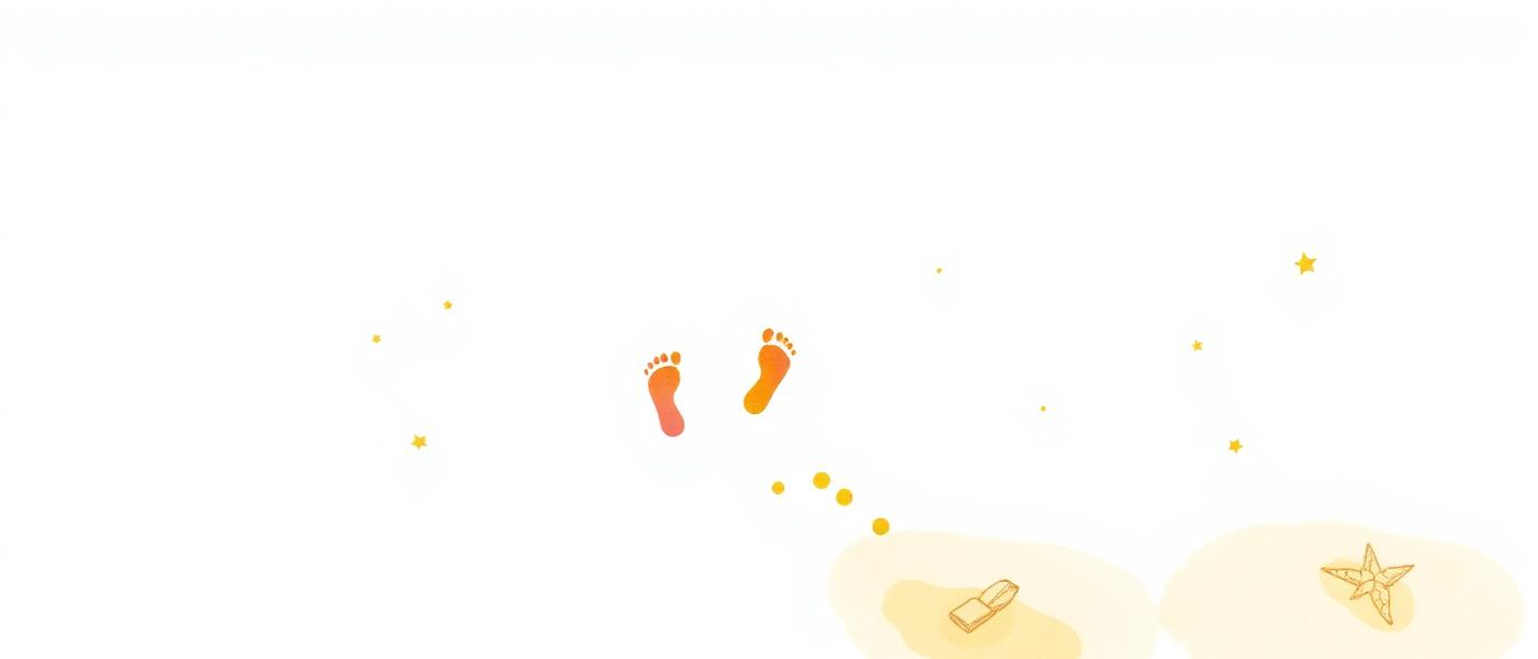 Illustrated tiny colourful footprints walking across sand with stars and seashells