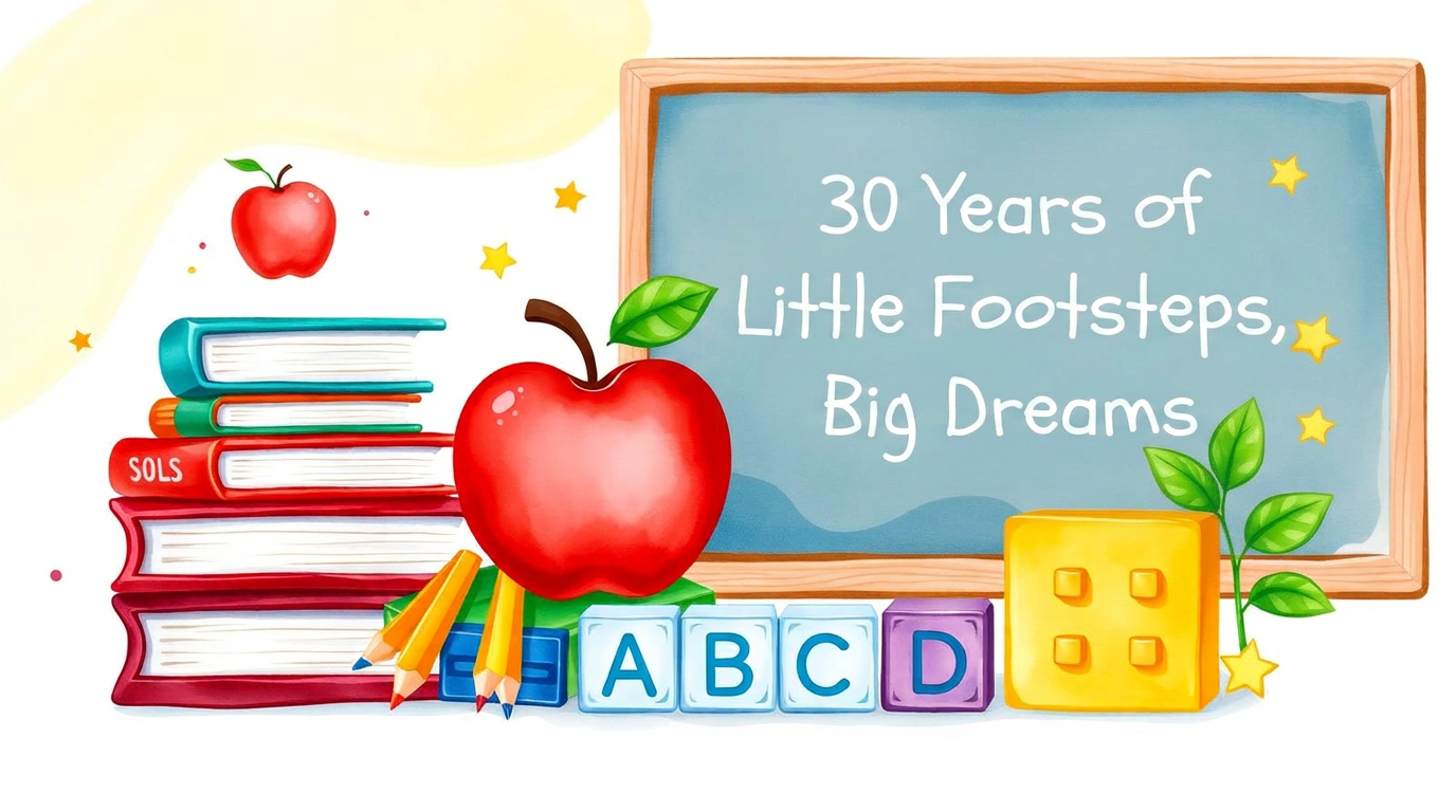 Chalkboard reading ‘30 Years of Little Footsteps, Big Dreams’ with books, pencils and a red apple